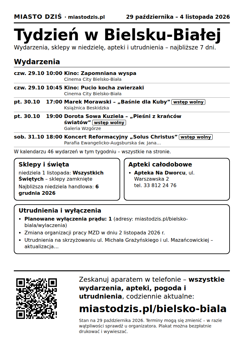 Podgląd plakatu A4 „Tydzień w Bielsku-Białej”: wydarzenia, niedziela, apteki, utrudnienia i kod QR